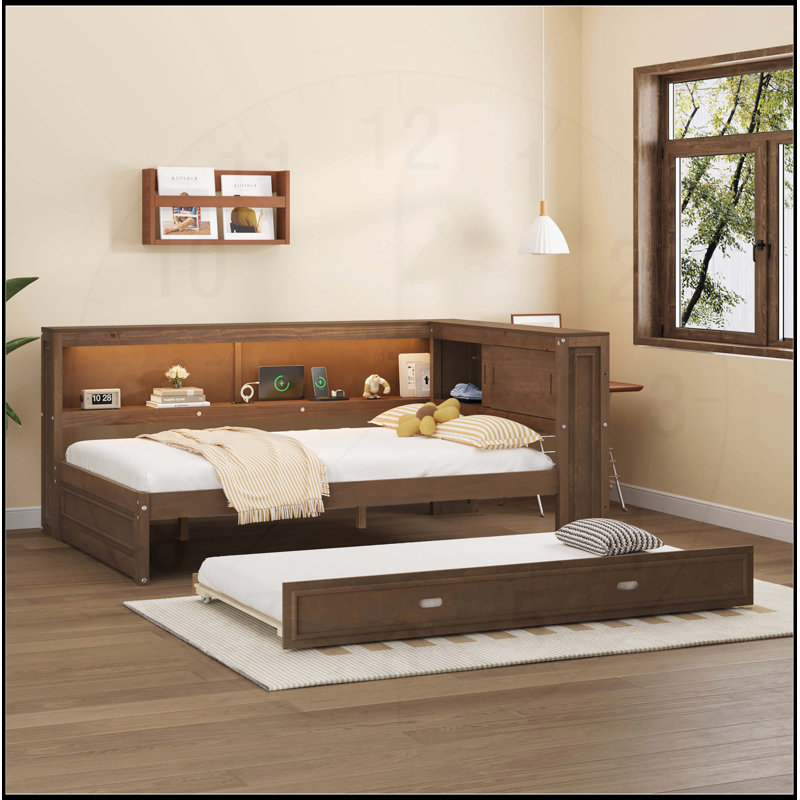 Upholstered Daybed with LED Belt and Trundle, Gray, Combining Modern Design and Practical Storage Solutions