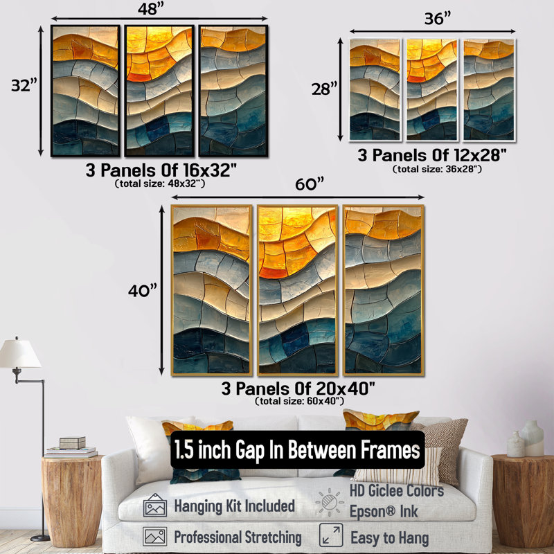 Ensemble de 3 mosaïques côtières à vagues géantes - Fauvisme, H 40 po x l 60 po, Impression encadrée sans passe-partout