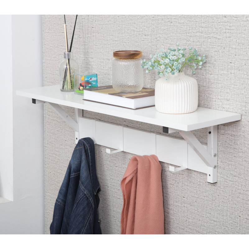 Ciardi Floating Shelf with Hooks - Wall Mounted Storage Shelf, Space Saving Organizer, 1, White