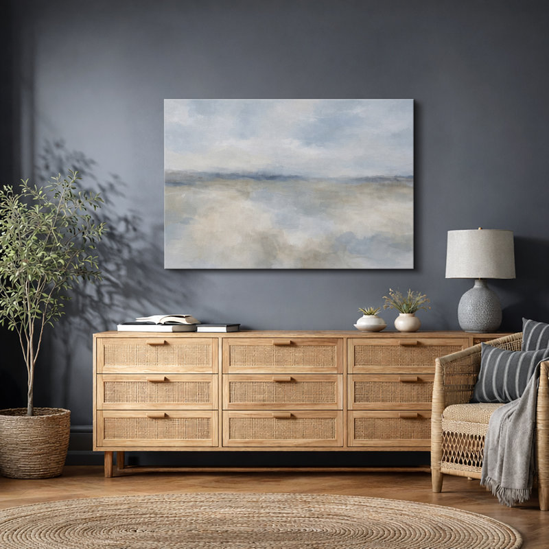 Soft Blue Beige Abstract Sky Landscape Artwork, Minimalist Living Room Pictures, Framed Canvas Giclee Print Wall Art