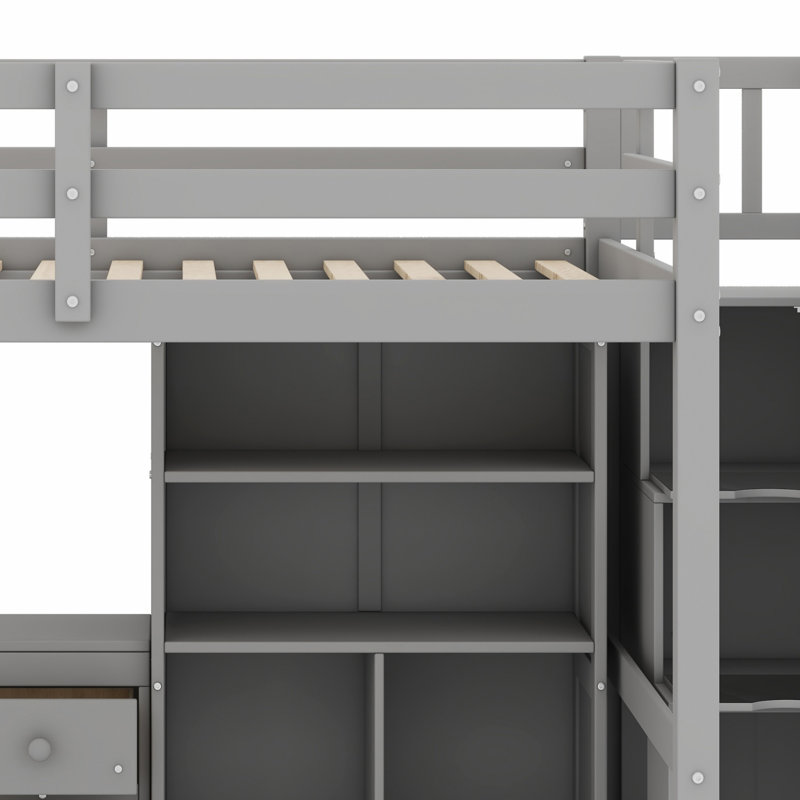 Lit mezzanine avec escalier de rangement, armoire, tiroirs et bureau en L, Gris