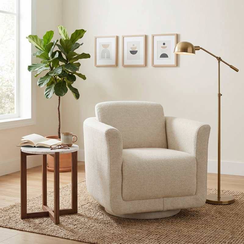 Fauteuil demi-tonneau rembourré et pivotant, Chenille douce performance écru