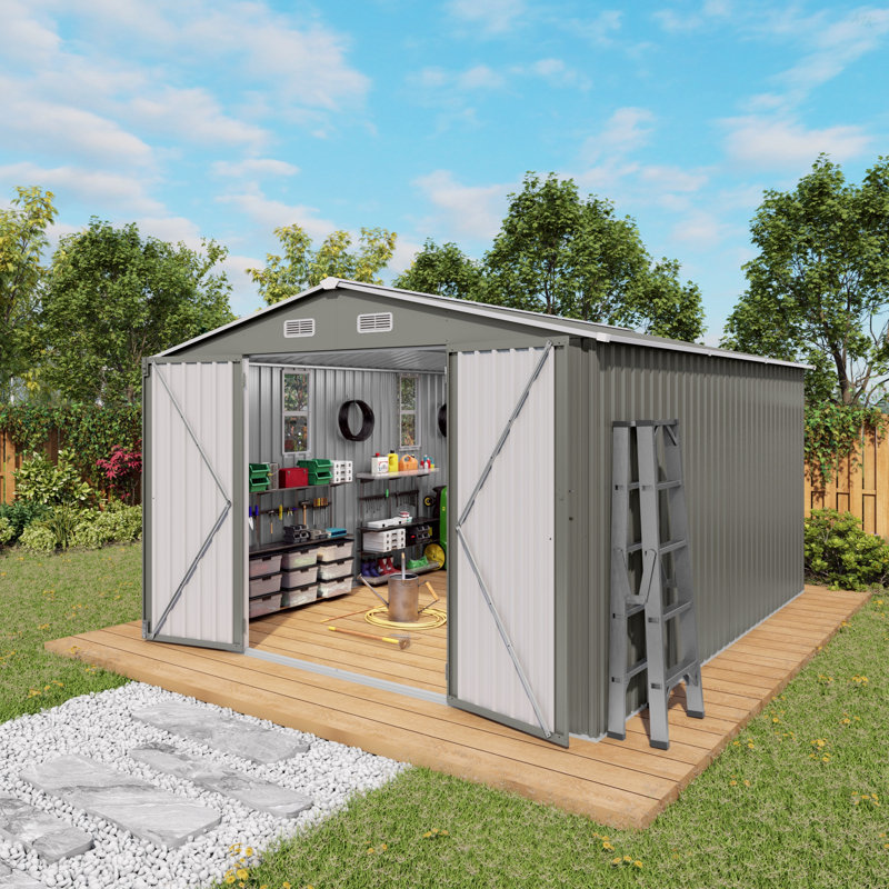 Grande remise de jardin en métal 10 x 12 pi avec une double porte et deux fenêtres imperméables pour la cour arrière, près de la piscine, gris