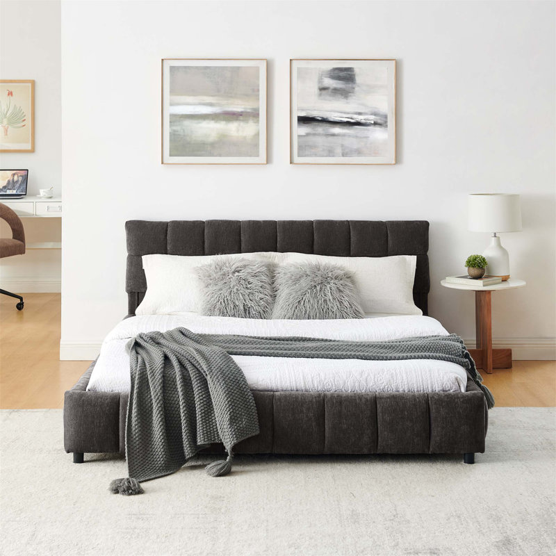 Lit tapissier confortable en chenille avec tiroirs de rangement, structure solide et tête de lit élégante pour les chambres modernes
