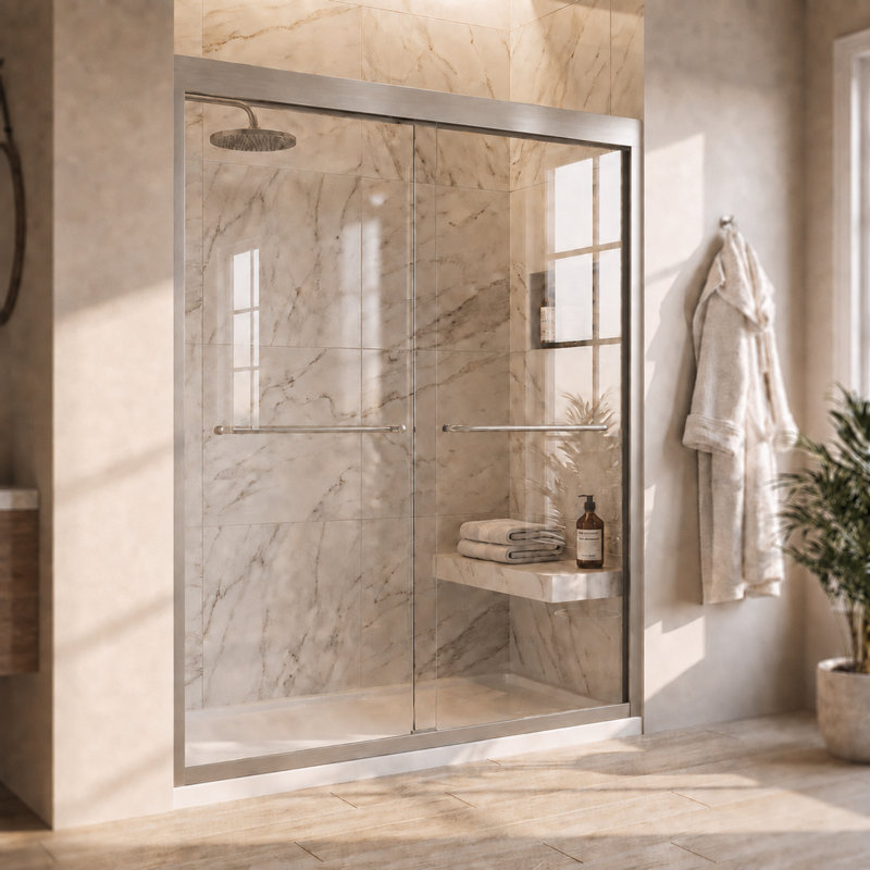 Fusion 56"-60''W x 72'' H Double Sliding Framed Shower Door in Brushed Nickel with 5/16" Clear Glass, Brushed Nickel