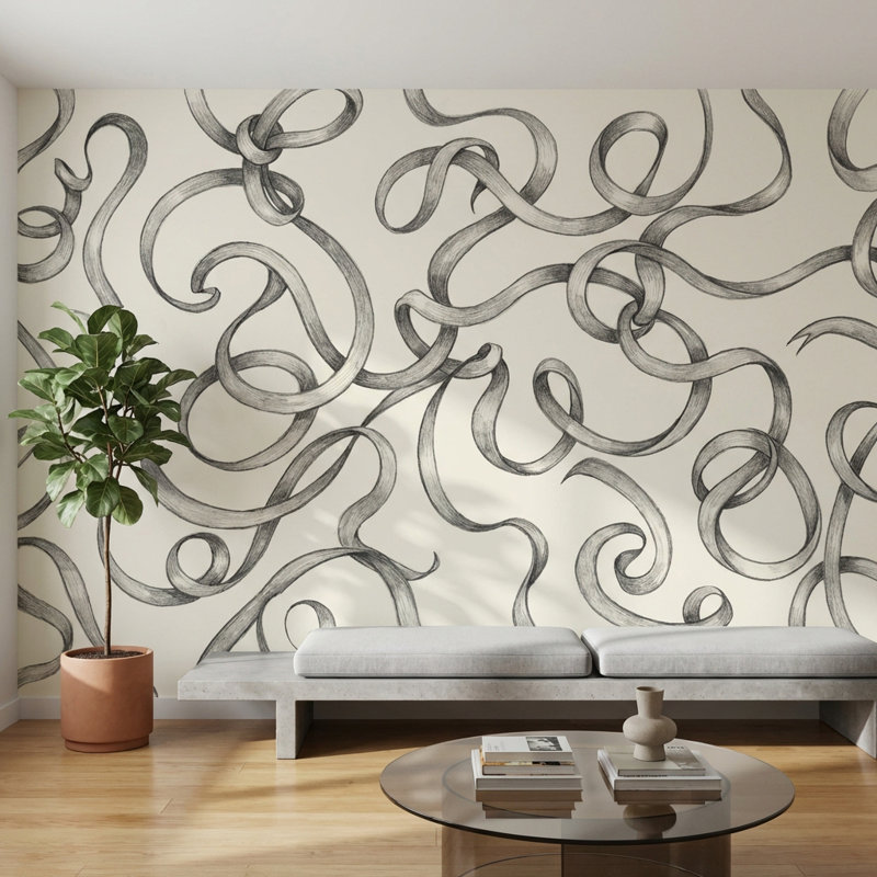 Papier peint abstrait avec rubans bouclés et nœuds imbriqués, Peler et coller, 200 po x 120 po