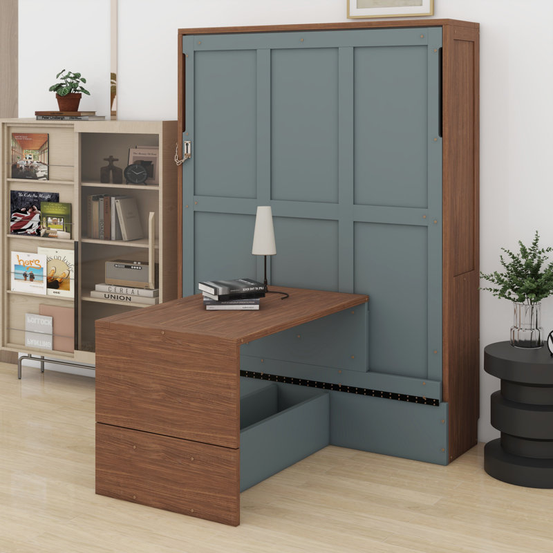 Multi-Functional Wall Bed with Foldable Desk, Murphy Bed Space Saving Solution, Walnut/Gray