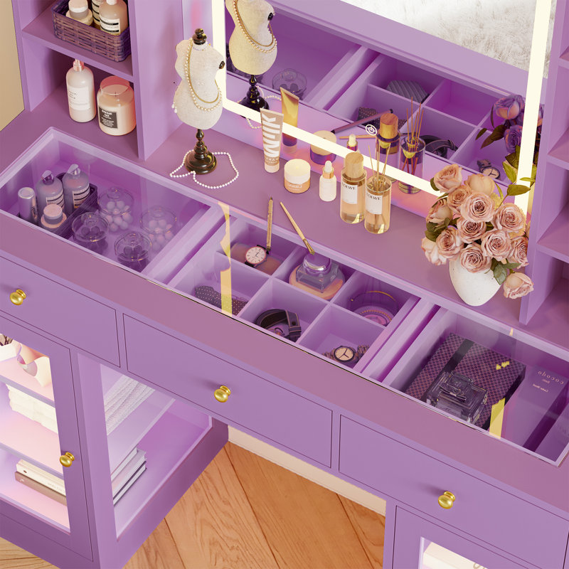 Vanity Desk with RGB Lights, Glass Top, Lighted Mirror and Built-in Hair Dryer Rack, All-in-One White Makeup Table with Drawers and Shelves