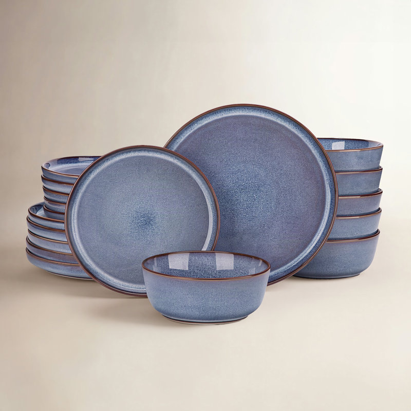  Service de table 18 pièces en céramique bleue pour 6 assiettes, assiettes à dessert et bols cuits au four, Bleu
