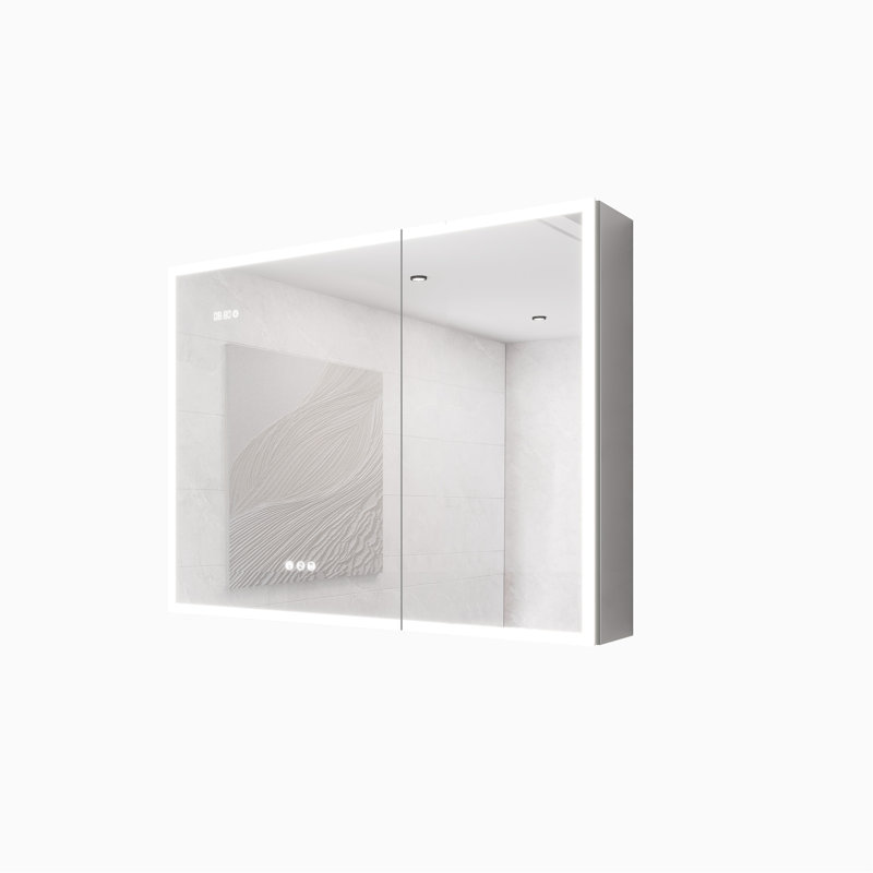 Armoire à pharmacie 36 po x 24 po à DEL pour salle de bain, double porte, lumières, miroir, gradateur, horloge et affichage de la température, 2 prises et ports pour la luminosité de la salle de bain réglable