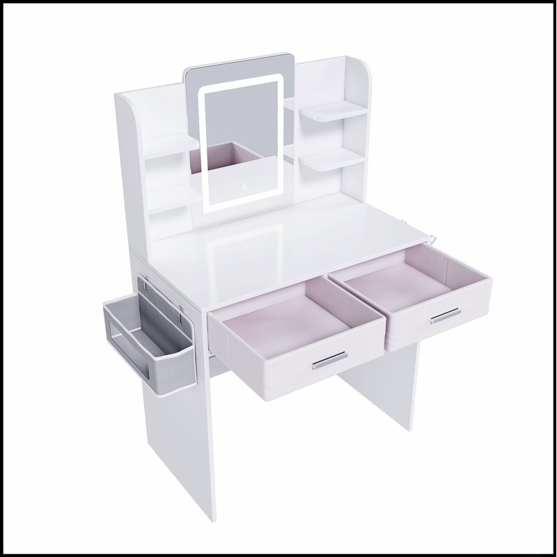 Coiffeuse à miroir à DEL avec lumières réglables 3 couleurs, 2 grands tiroirs, support pour sèche-cheveux et sac de rangement non tissé pour femmes et filles
