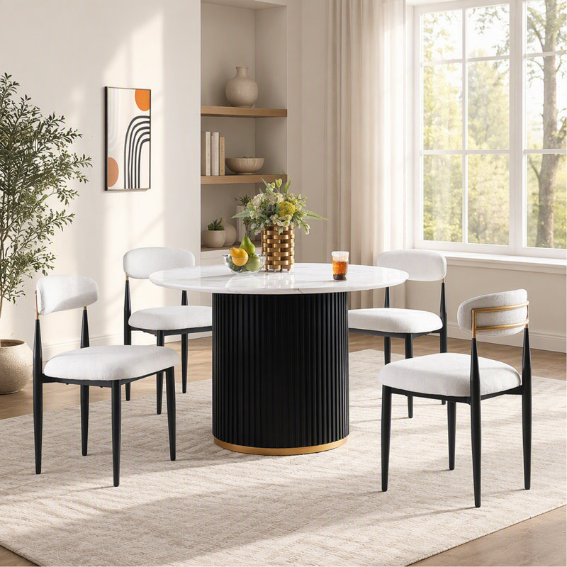 46 Inch Round Faux Marble Dining Table, Black Wave Metal Base With Gold Decoration - Accommodates 4 People For Kitchen & Dining Room