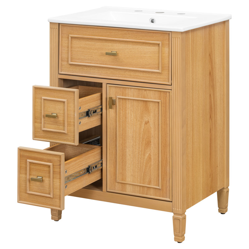 Meuble-lavabo 24 po avec lavabo en bois, meuble-lavabo avec un tiroir rabattable et deux tiroirs, tablette réglable, Naturel