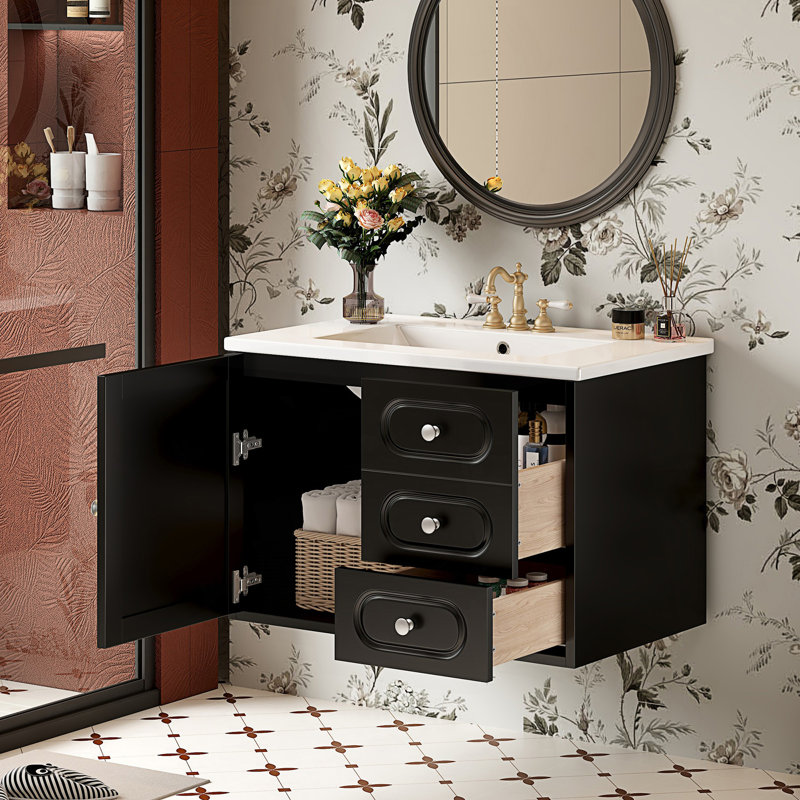 Meuble-lavabo de salle de bain avec lavabo en céramique, meuble-lavabo Mid-Century avec 2 tiroirs