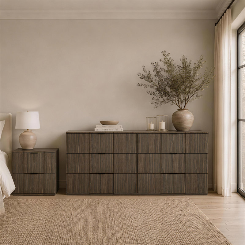 Ensemble de chambre à coucher 2 pièces avec commode et table de chevet moderne noyer et noir Clive, Walnut/Black