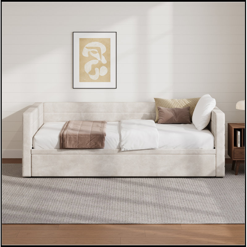 Structure simple tapissier Laurelville avec lit gigogne allongé, Beige