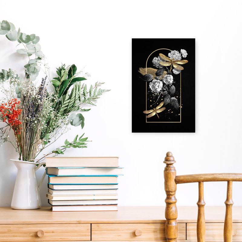 Art mural, libellule et roses dorées, H 18 po x l 12 po