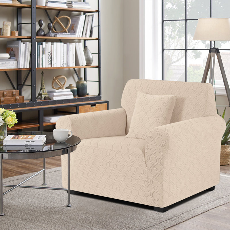 Housses pour canapé 1 pièce Wald en jacquard toutes saisons avec housse de coussin, Mélange de polyester beige