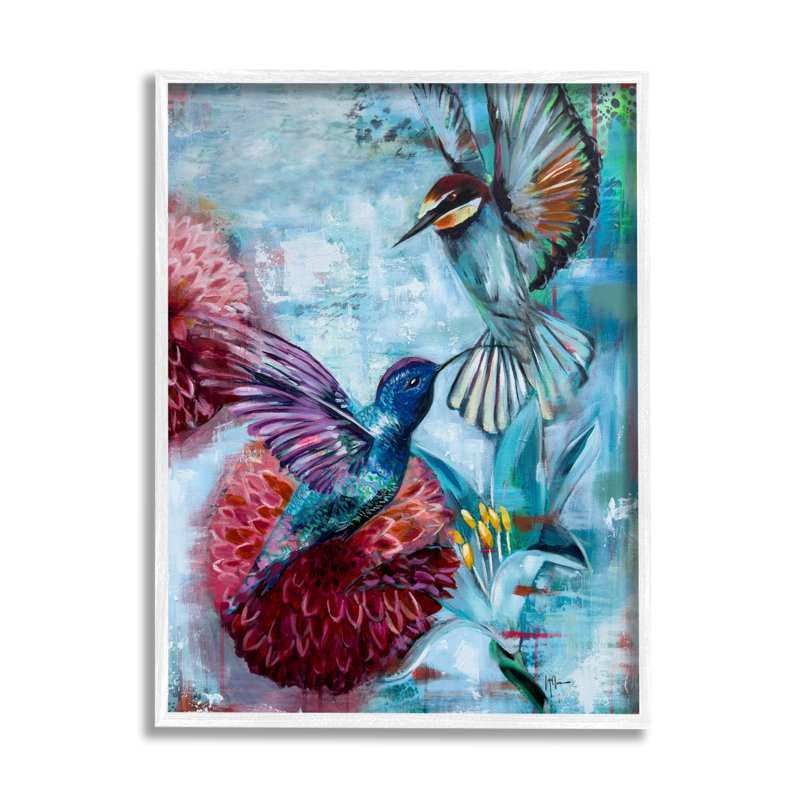 «Hummingbirds & Dahlias» par Linda McClure, reproduction d'art sur toile, Giclée encadrée blanc bord de mer