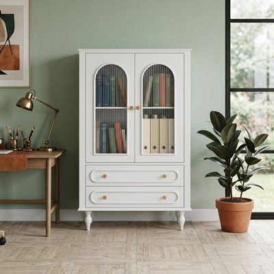 46.5" Glass Display Cabinet, Wooden Curio Cabinet with 2 Drawers and Adjustable Shelf for Living Room or Dining Room