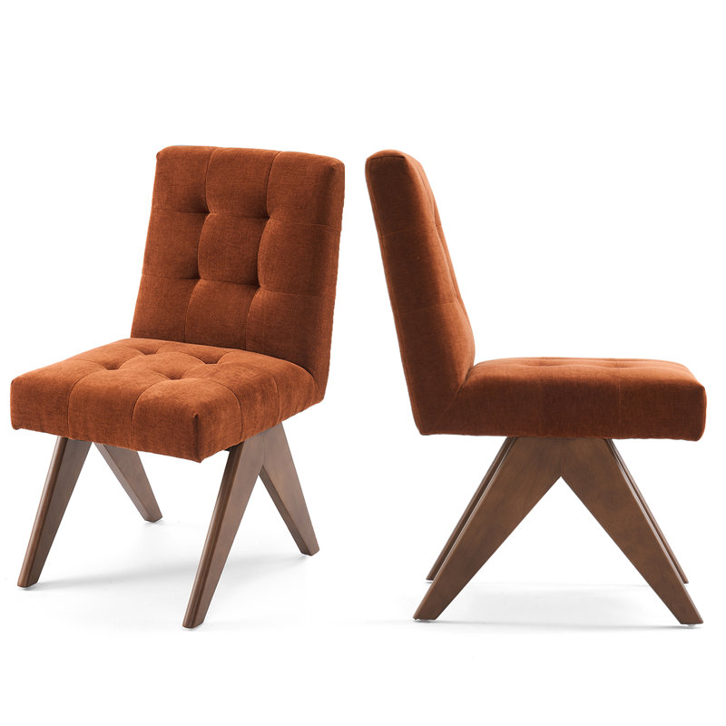 Tufted Linen Upholstered Dining Chair Armless Parsons Side Chair With Solid Wood Legs, Caramel