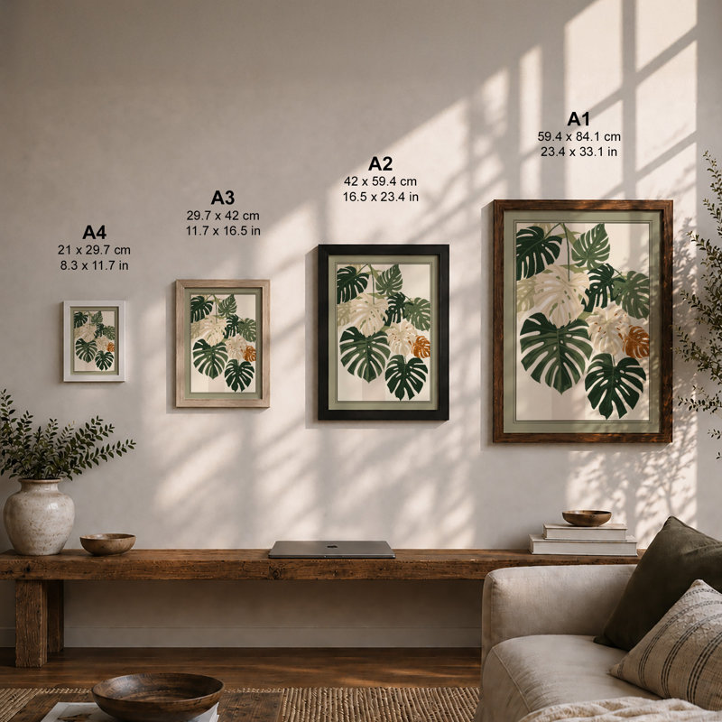 Monstera Study Botanical - Framed Print, A2 - 59.4 x 42.0 cm, Oak