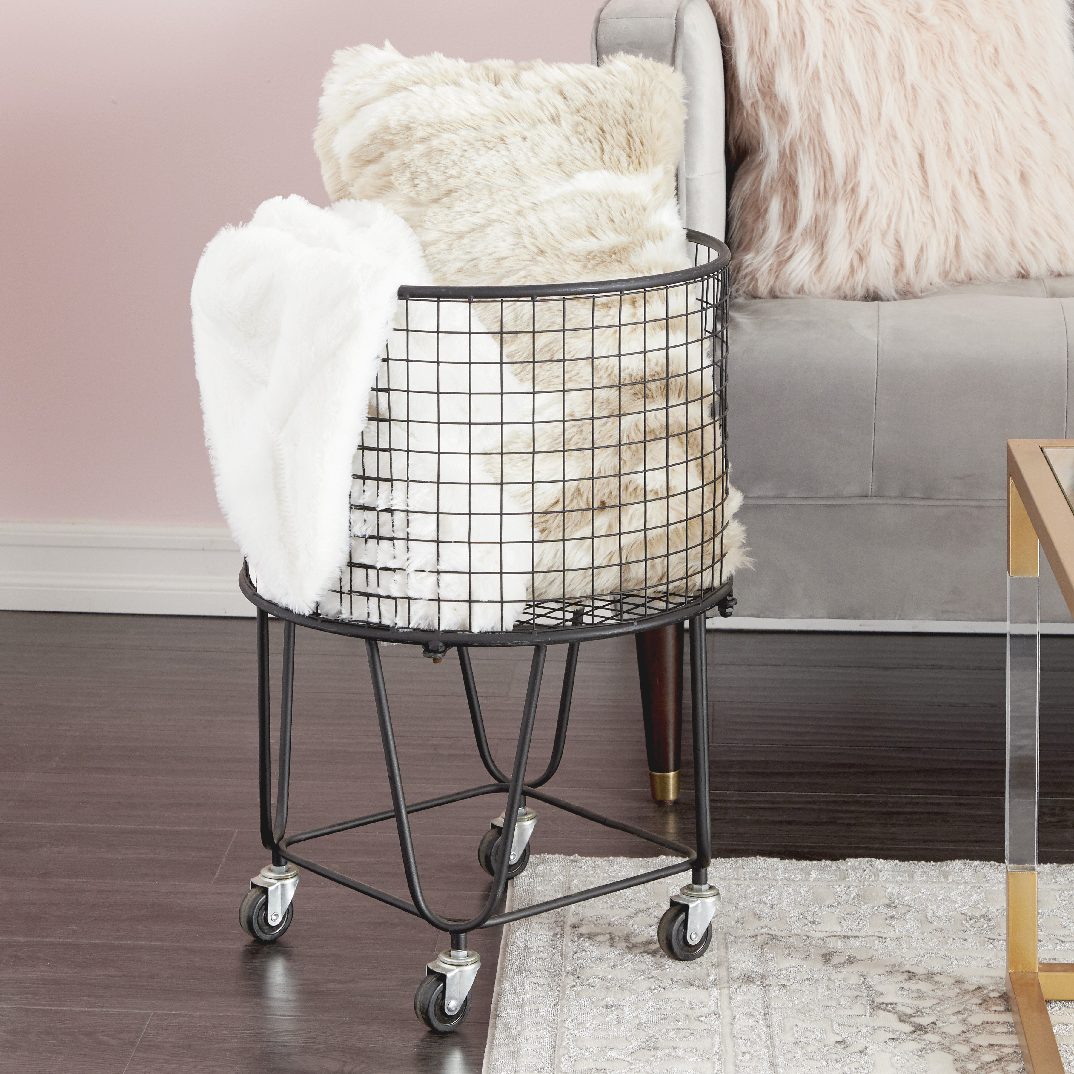 Artesa Verona Collapsible Metal Laundry Cart with Removable Basket & Canvas  Bag, Antique Black