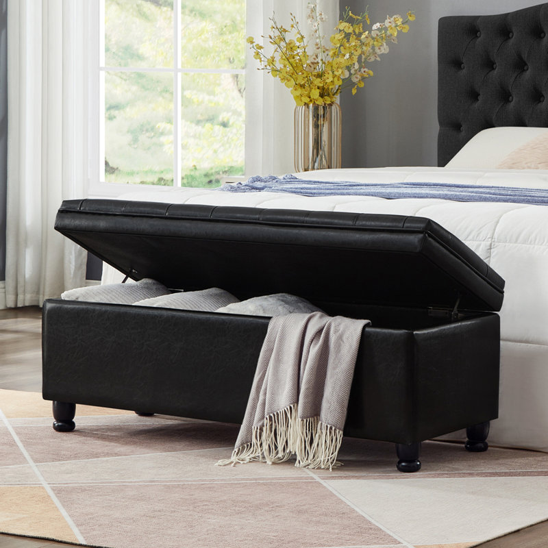 Banc de rangement rembourré capitonné à boutons, banc d'entrée en similicuir avec pieds en bois fuselés, banc de lit