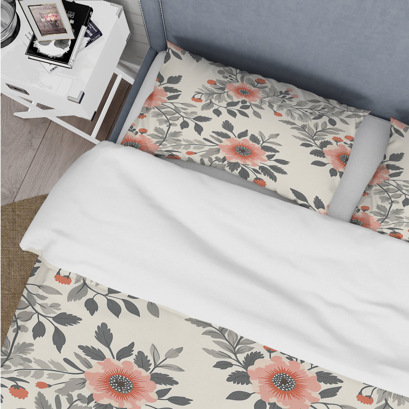 Ensemble de housse de couette Grey Floral Wreath IV - Traditional, Housse de couette simple et deux taies décorative