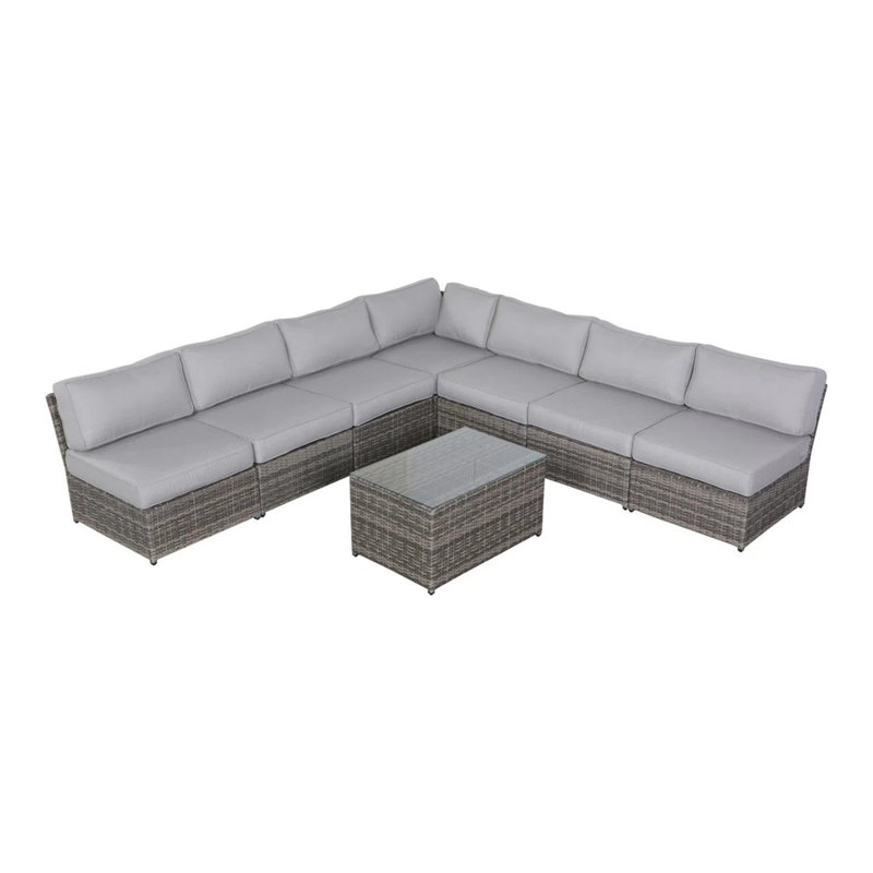 Ensemble de conversation de terrasse en osier pour 6 personnes avec coussins entièrement assemblé, Gris, Gris foncé