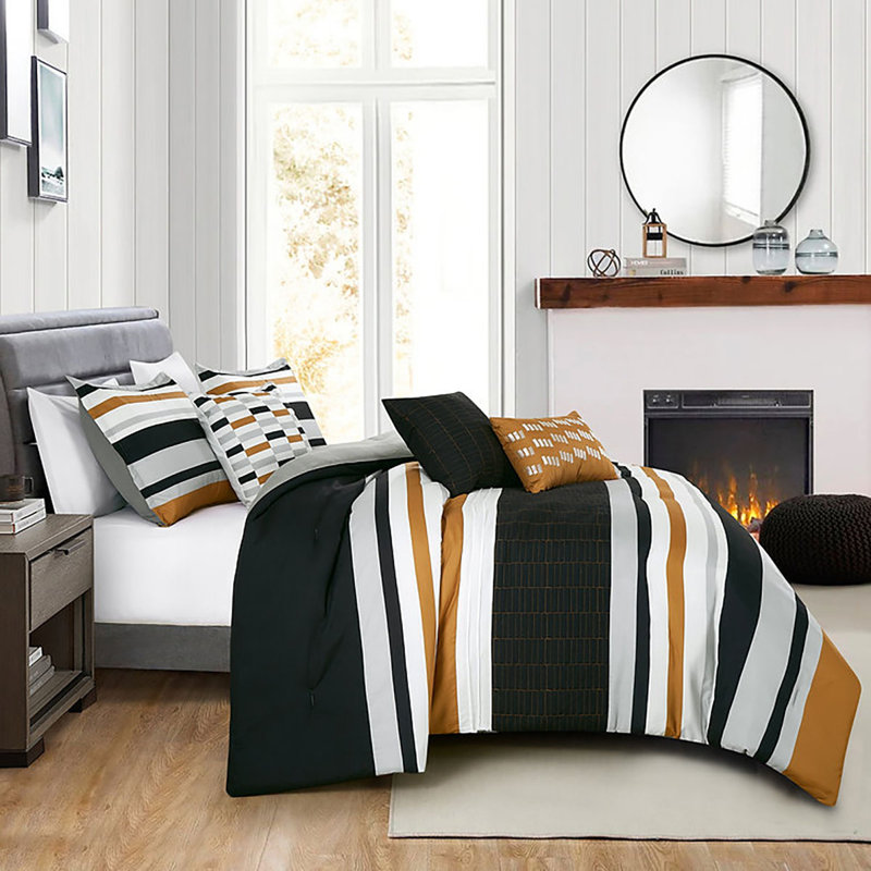 6 Piece White Black & Gold Comforter Set Embroidery Soft Bedding, King