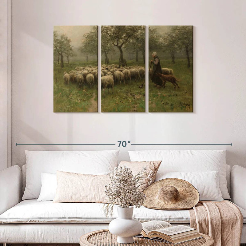 Bergère avec un troupeau de moutons, H 24 po x l 38 po