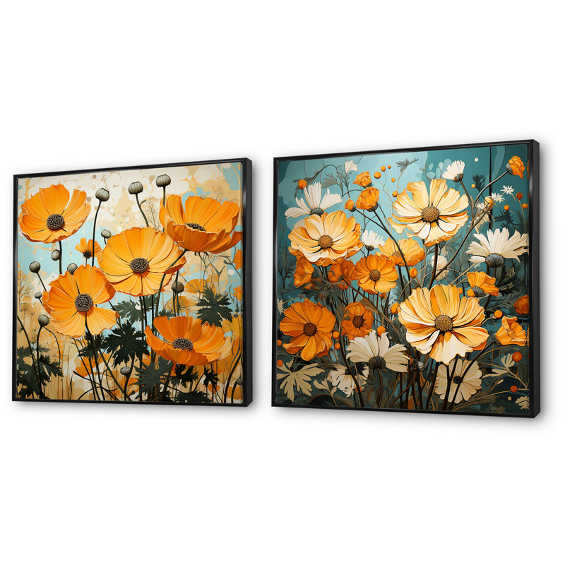Ensemble de 2 décorations murales jaune souci, Cadre flottant noir, H 16 po x l 33 po x P 1 po