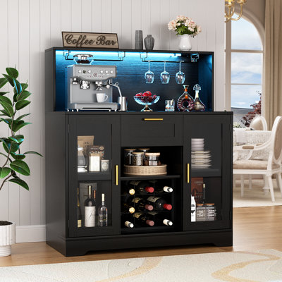 Bar Cabinet With LED Light And Wine Rack, Coffee Bar Cabinets With Drawer And Glass Holder, Sideboard Table With Storage Shelves