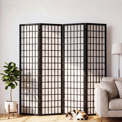  Room Divider Wall Shoji Screen, 4 Panels Folding Privacy Screen for Room Separation, Japanese Wood Room Divider Screen, 5.9 Ft, Black