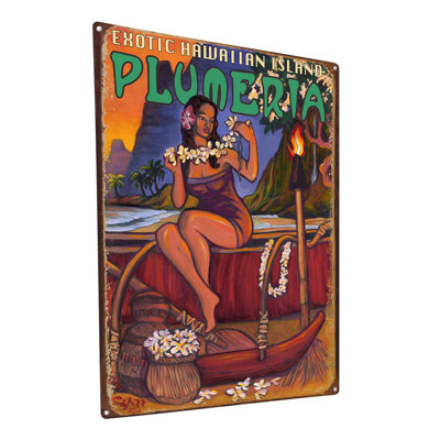 " Vintage Exotic Hawaiian Island Plumeria Metal Sign "