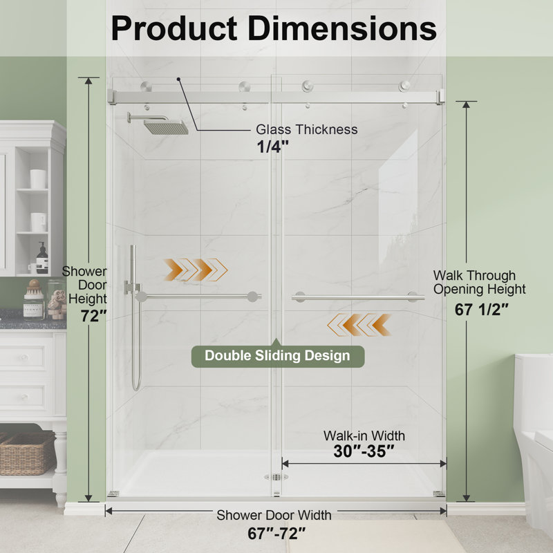 67"-72" W x 72" H Double Sliding Frameless Shower Door in Brush Nickel with 1/4" (6mm) Clear Tempered Glass, Brushed Nickel