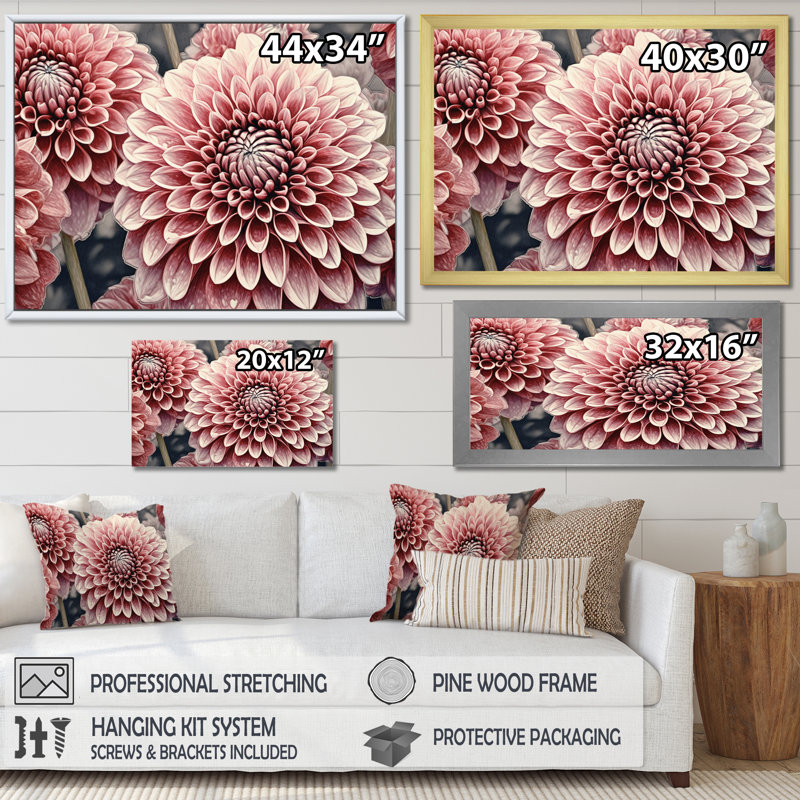 Palette de dahlia rose et noir sur toile, 12" H x 20" W, Cadre flottant doré