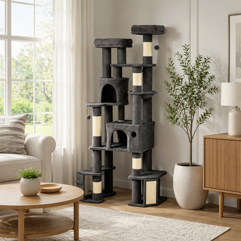 Arbre à chat robuste à plusieurs niveaux avec double base renforcée pour les grands chats adultes et les jeux actifs