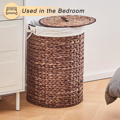 Round Wicker Laundry Hamper, Handwoven Laundry Basket W/ Lid & Handles