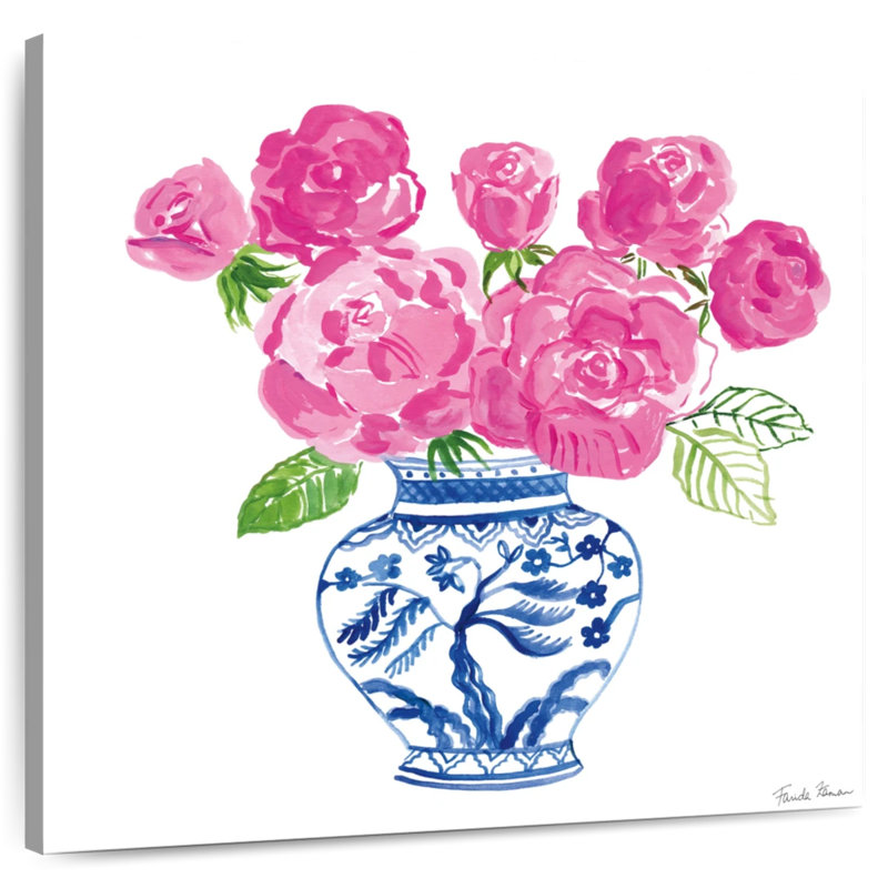 Harnek chinoiserie roses sur fond blanc I, H 16 po x l 16 po
