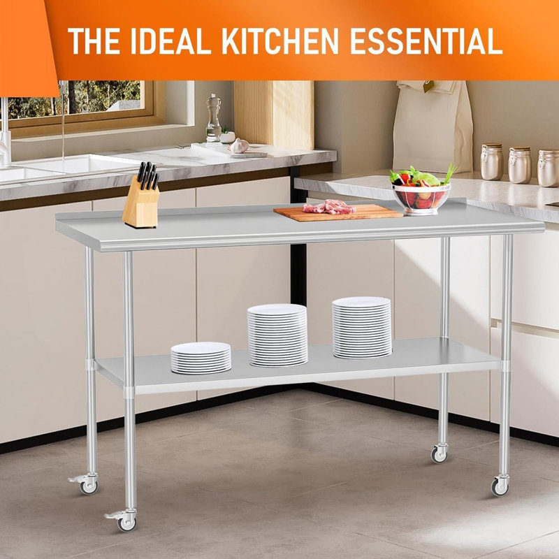 Table de préparation en acier inoxydable 24 po x 60 po avec dosseret à roulettes et tablette réglable pour la cuisine commerciale, l'extérieur, le restaurant, l'hôtel et le garage