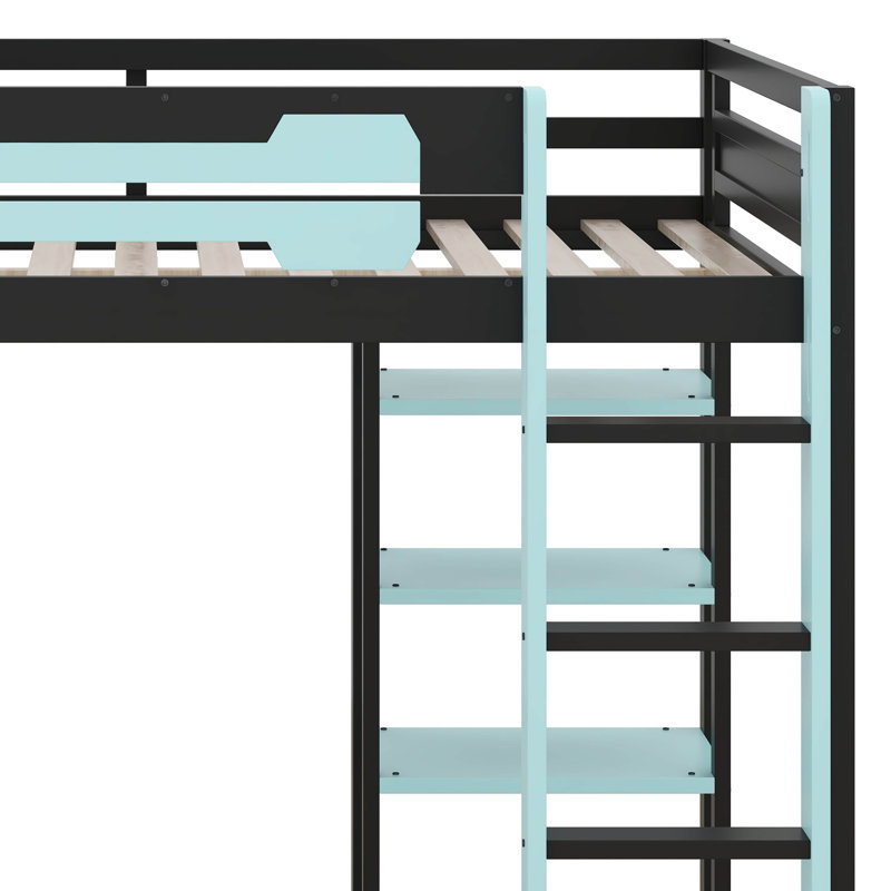 Wood Gaming Loft Bed With Desk & RGB Light, Full Size Loft Bed, Hanging Board, Ladder & Guardrails, Blue