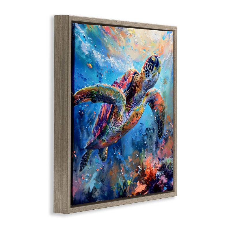 Cadre flottant Rainbow Sea Turtle & Bubbles, design par LSR Design Studio, Cadre flottant orme Montalcino, H 18 po x l 18 po