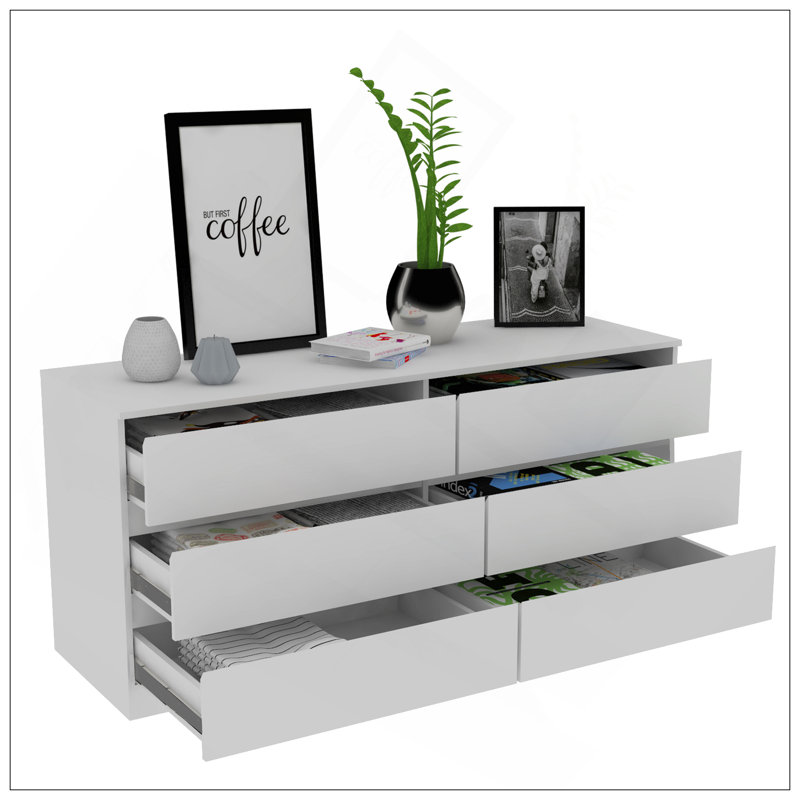 Commode double 6 tiroirs, dessus, blanc, Blanc