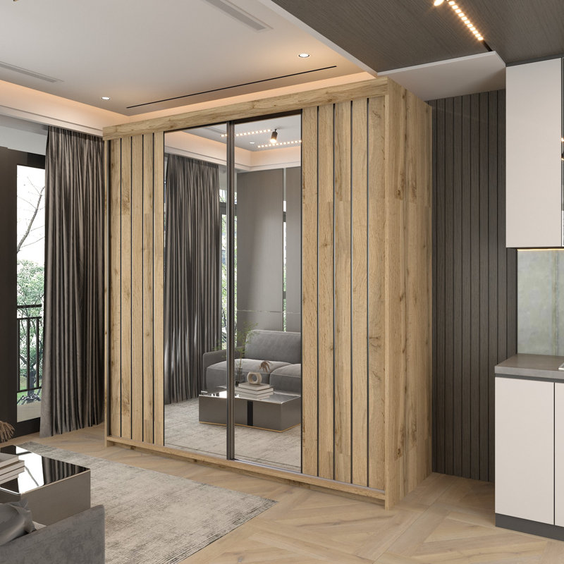 Modern Double Sliding Door Wardrobe in /Grey/Oak/White, 217cm H x 150cm W x 62cm D, Oak