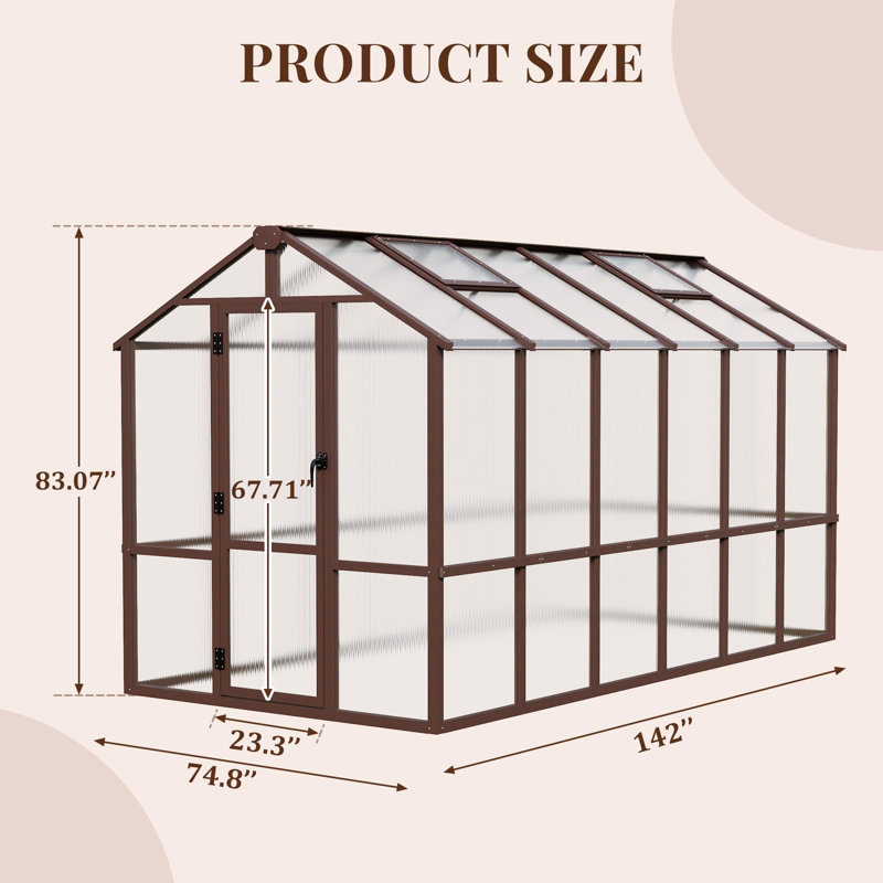 6 ft. W x 12 ft. D Walk-In Polycarbonate Greenhouse with Wooden Frame, Roof Vent and Hinged Door for Outdoors, 6x12 FT