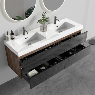 Meuble-lavabo 60 po en noyer avec lavabo à surface solide blanc brillant et tiroirs noirs doux, meuble-lavabo mural flottant, lavabo une pièce blanc brillant, pré-assemblé