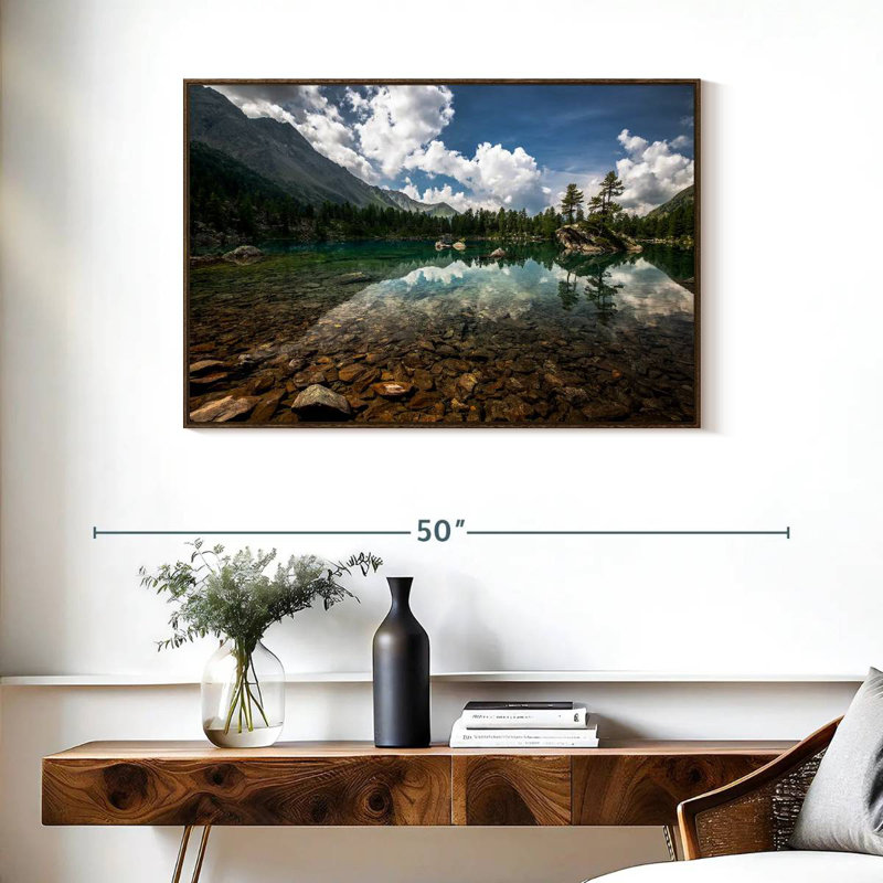 Paysage de lac tranquille, 37 po x 25 po, Cadre flottant en noyer
