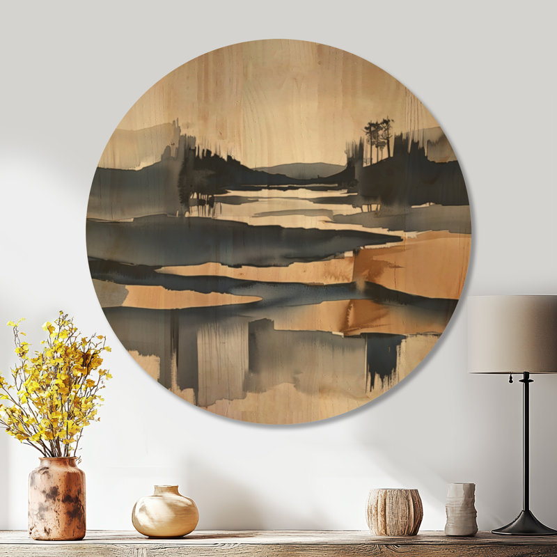 Paysage abstrait de marais II - Tableau mural minimaliste rond en bois, Rond 36 po, Rond